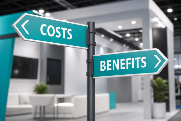 Signpost with teal arrows reading COSTS and BENEFITS in a modern exhibition or office space.
