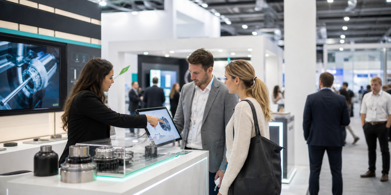 Woman in a black blazer demonstrates a tablet to a man in a gray suit and a woman with a black tote at a trade show booth displaying mechanical parts on a counter.
