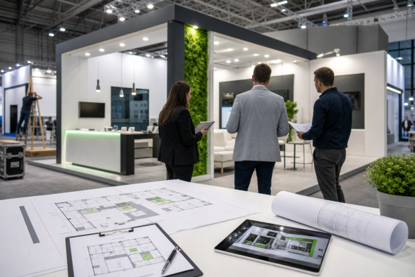 Three professionals discuss at a modern exhibition booth; blueprints and a tablet lie on a white foreground table outside the booth.